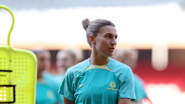 Steph Catley during a training session on Marvel Stadium on Tuesday. Picture: Kelly Defina/Getty Images.