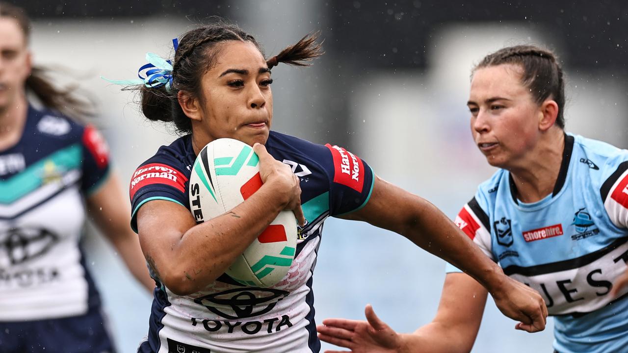 Jasmine Peters of the Cowboys runs with the ball during the round one NRLW match between Cronulla Sharks and North Queensland Cowboys at PointsBet Stadium on July 27, 2024 in Sydney, Australia. (Photo by Mark Evans/Getty Images)