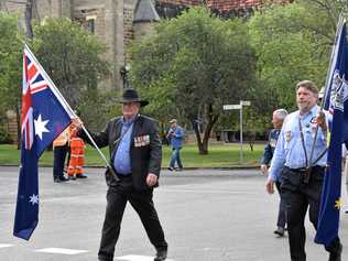 ANZAC: Noel 'Paddy' Kerr leads the veterans' assembly as part of the Anzac Day march in Roma. Picture: Ellen Ransley