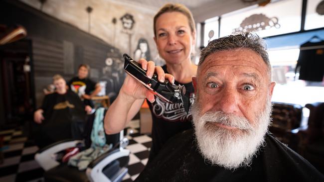 Owner of Dude Hut in Albury Martina Maney, and client Steve Coates. Pictures: Simon Dallinger