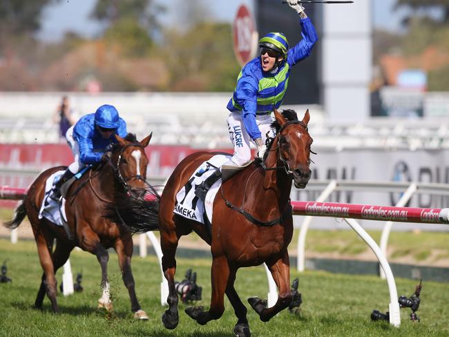 Nicholas Hall reacts as Jameka wins the Caulfield Cup. Picture: Getty Images