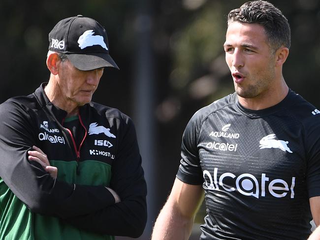 Coach Wayne Bennett (left) and Sam Burgess of the South Sydney Rabbitohs during a training session at Redfern Oval in Sydney, Thursday, September 19, 2019. The Rabbitohs are set to play the Manly Sea Eagles in an NRL Finals match at ANZ Stadium on Friday. (AAP Image/Joel Carrett) NO ARCHIVING