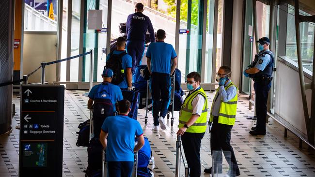 England's players arrive in Brisbane on Saturday. Picture: Patrick HAMILTON/AFP