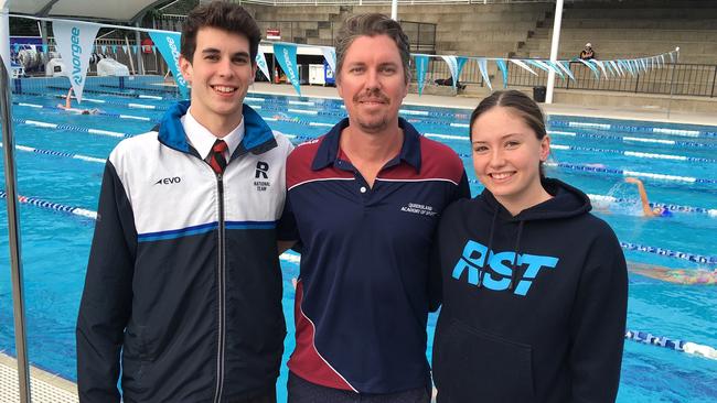 Job with another Rackley swimming sensation, Thomas Neill, left and her coach Damien Jones.