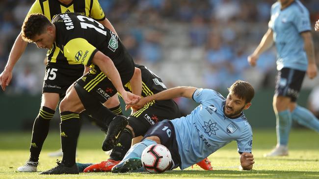 Milos Ninkovic attempts a shot as he slips to the turf. Picture: Getty Images