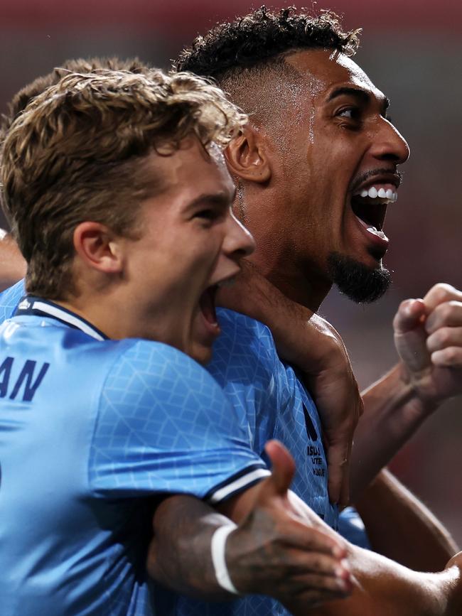 Sydney FC celebrates after scoring a goal during. Picture: Getty Images