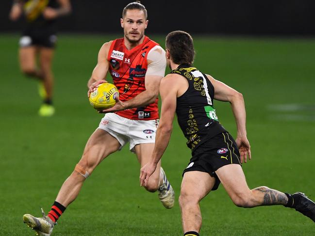 Essendon’s David Zaharakis sat out the final quarter after picking up a hamstring injury. (Photo by Daniel Carson/AFL Photos via Getty Images)