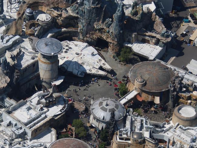 An aerial view of the massive replica of Han Solo's famous ship, the Millenium Falcon outside the Millennium Falcon: Smugglers Run ride at Walt Disney World in Orlando, Florida, in the USA. The ride is inside the Star Wars: Galaxy's Edge section of the massive theme park. Picture: x.com/bioreconstruct
