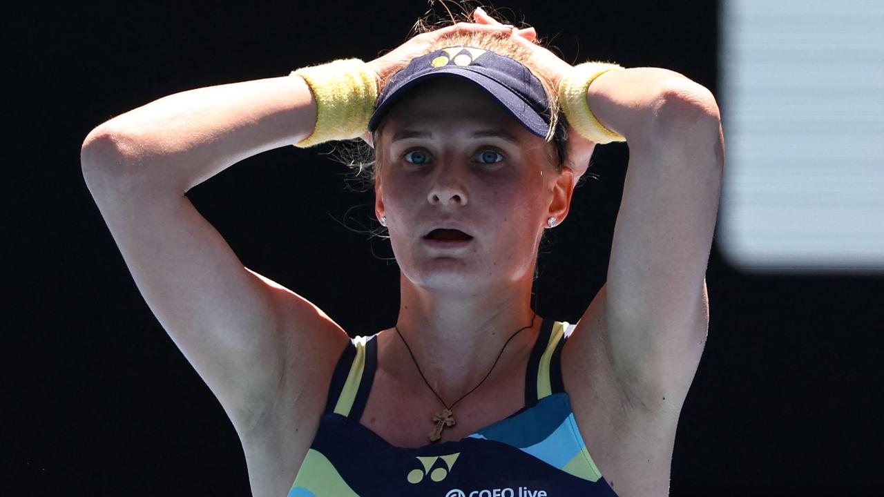 Ukraine's Dayana Yastremska celebrates after victory against Czech Republic's Linda Noskova in their women's singles quarter-final match on day 11 of the Australian Open tennis tournament in Melbourne on January 24, 2024. (Photo by David GRAY / AFP) / -- IMAGE RESTRICTED TO EDITORIAL USE - STRICTLY NO COMMERCIAL USE --