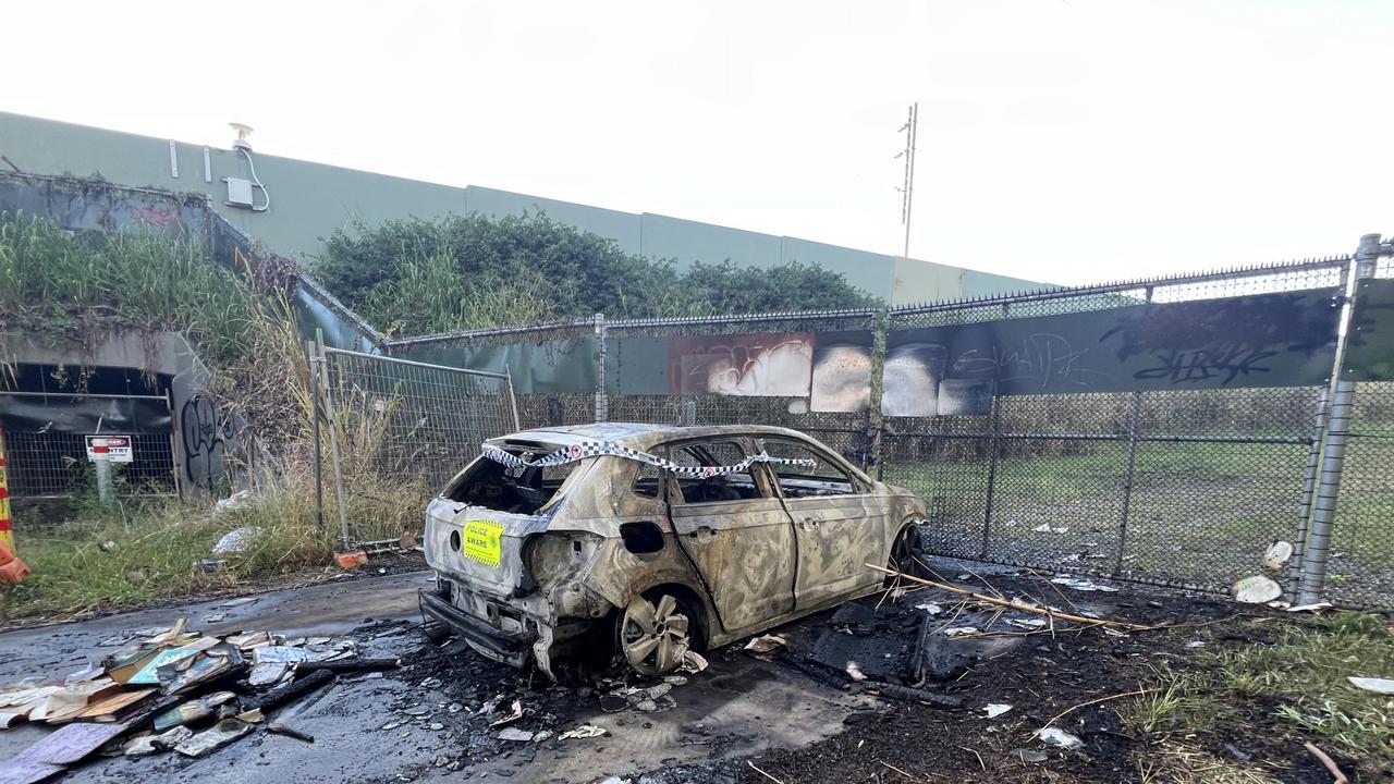 A stolen car found burnt out on Warrego Way in Helensvale on June 7. Picture: Keith Woods.
