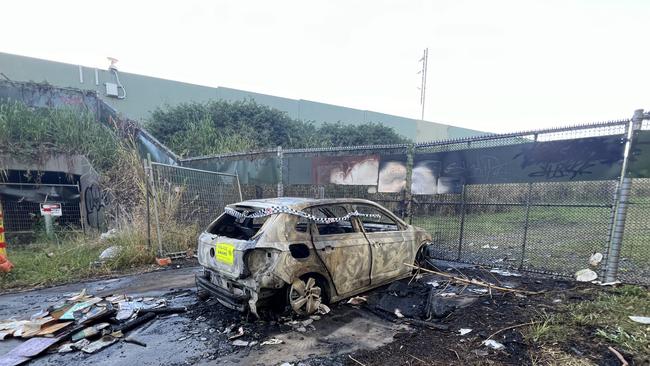 A stolen car found burnt out on Warrego Way in Helensvale on June 7. Picture: Keith Woods.