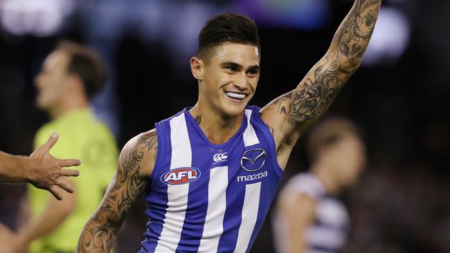 AFL Round 2. Geelong vs North Melbourne at Etihad Stadium.  Marley Williams celebrates a late goal   . Pic: Michael Klein