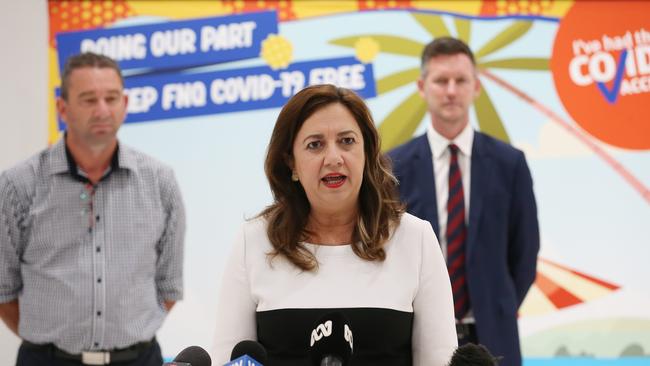 Member for Barron River Craig Crawford, Queensland Premier Annastacia Palaszczuk and Queensland Minister for Transport and Main Roads Mark Bailey. Picture: Brendan Radke