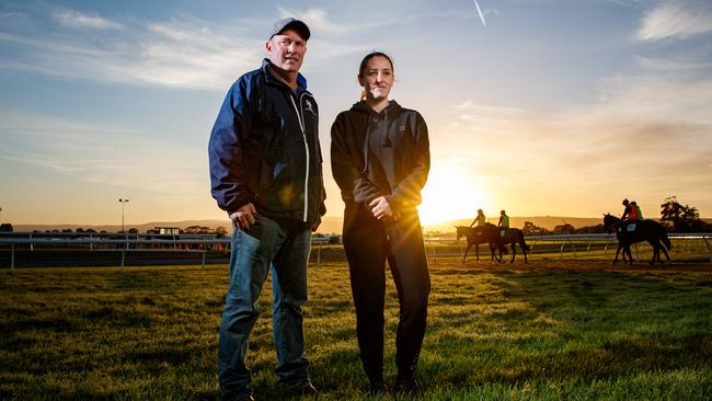 Horse trainers Richard Jolly and daughter Chantelle at Morphettville track work. Picture: Matt Turner.