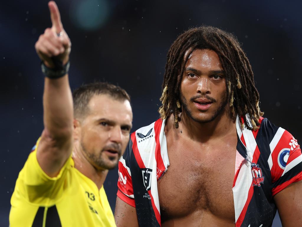 Dom Young was sent off for a high tackle. Picture: Cameron Spencer/Getty Images