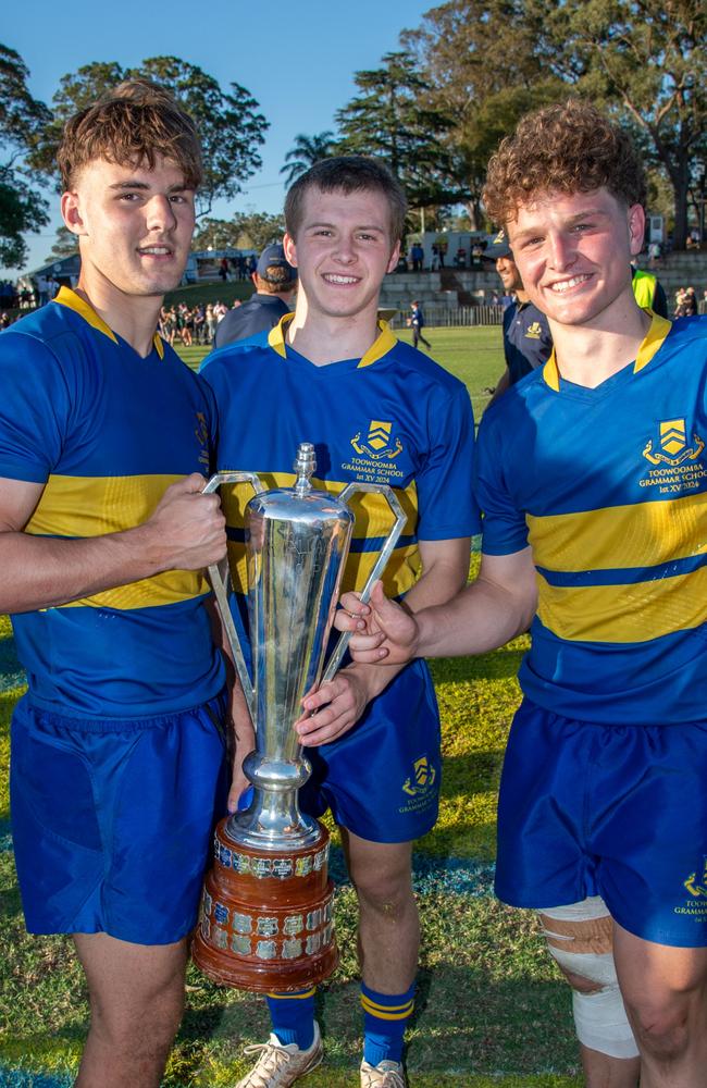 (From left) Trace Beattie, Ben Burgess and Joe Gray celebrate the win for TGS. 2024 OCallaghan Cup at Downlands College.Photo by Nev Madsen