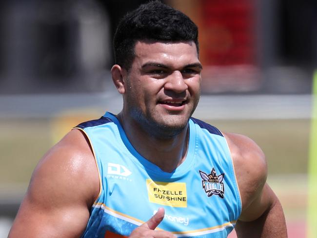 Gold Coast Titans training.New Titans recruit David Fifita at training on Thursday.Picture: NIGEL HALLETT