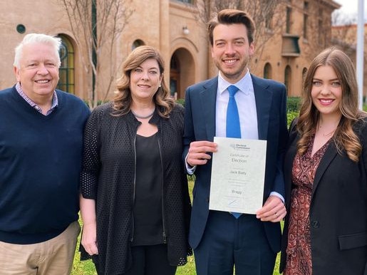 Newly minted Liberal MP for Brag Jack Batty with his parents, Andrew and Yvonne and sister Charlotte. Picture: Facebook