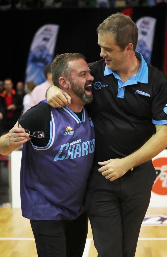 Basketball. Hobart Chargers V Geelong Supercats in the SEABL prelim final in Hobart. Hobart Chargers Club President David Bartlett with Hobart Chargers Coach Anthony Stewart. Picture: NIKKI DAVIS-JONES