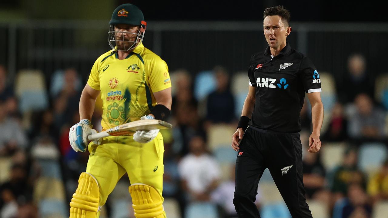 Trent Boult celebrates after removing Aaron Finch cheaply.