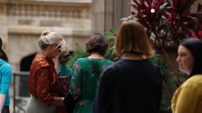 Mourners attend the livestream of the celebration of Ms James’s life at St Andrew’s Cathedral School. Picture: NCA NewsWire / Dylan Robinson