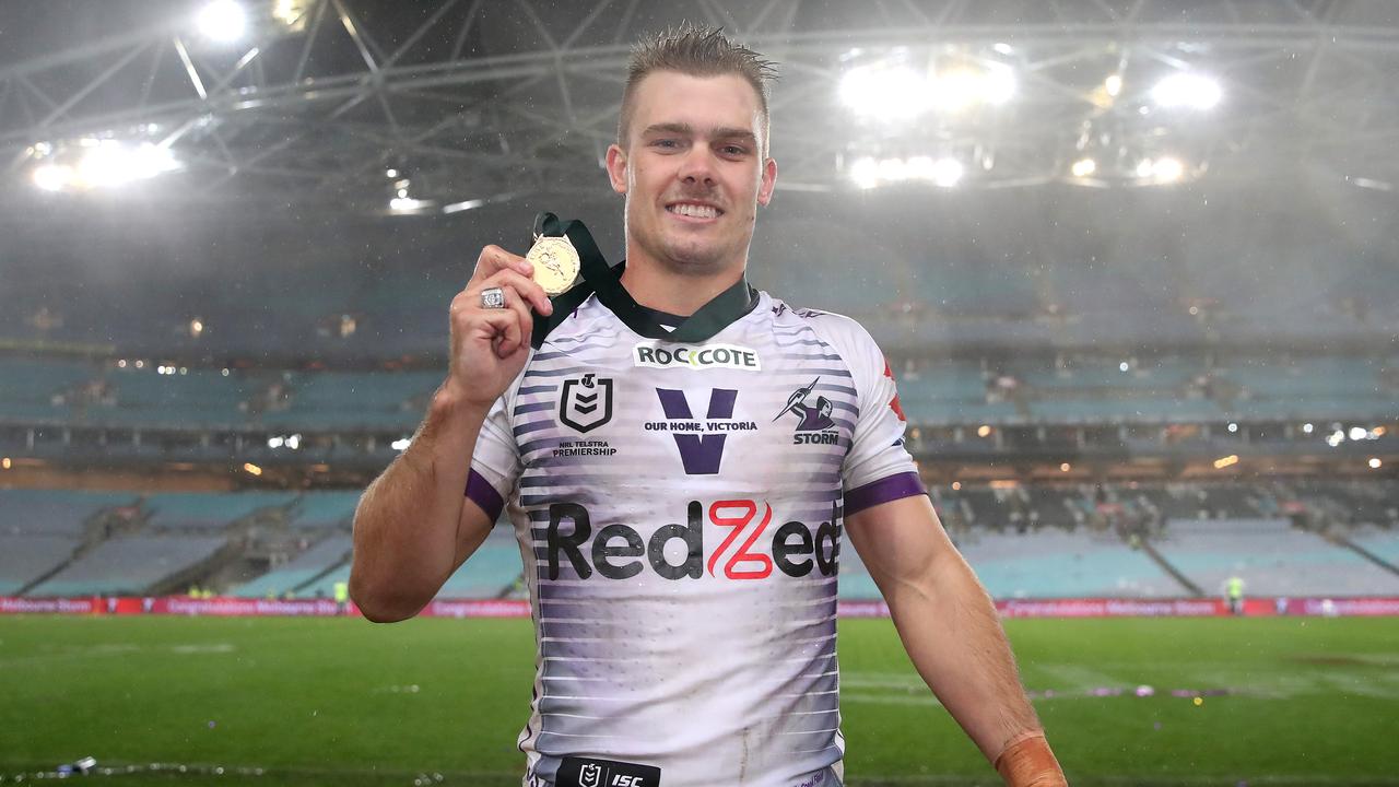 Ryan Papenhuyzen with the Clive Churchill Medal. (Photo by Cameron Spencer/Getty Images)