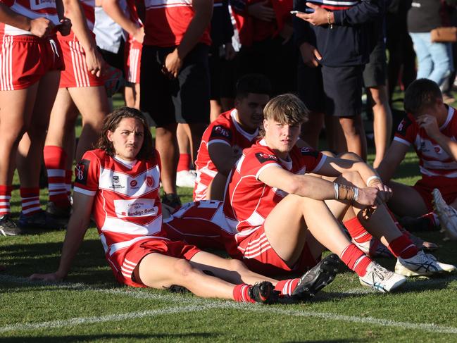 Palm Beach Currumbin SHS players feeling dejected after the game. Picture: NIGEL HALLETT