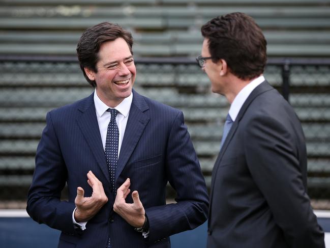 AFL CEO Gillon McLachlan and Richmond CEO Brendon Gale at Punt Rd Oval today. . Pic: Michael Klein