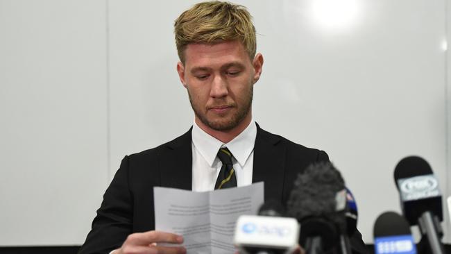 Richmond’s Nathan Broad addresses the media at Punt Road.