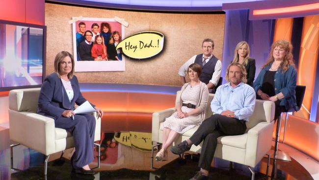 Sarah Monahan (seated, left) and the cast of Hey Dad! appeared on A Current Affair in 2014 after Robert Hughes was found guilty of multiple sex offences. Picture: supplied/Channel 9