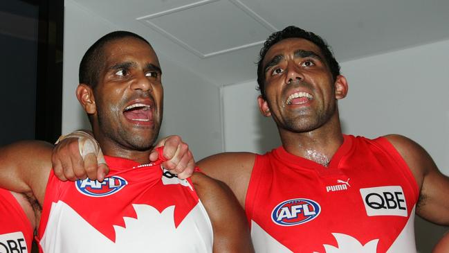 O’Loughlin with Goodes in their playing days. pic. Phil Hillyard