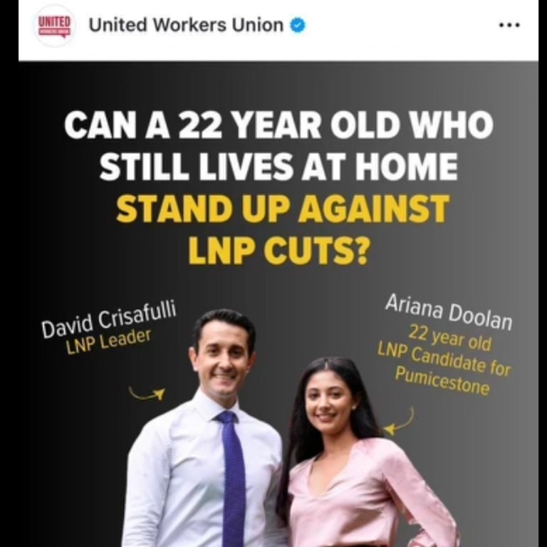 Social media post by the United Workers Union attacking the LNP’s Ariana Doolan. Picture: Instagram