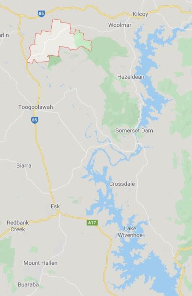 The highlighted area shows Gregors Creek and how it feeds into the Upper Brisbane River system moving down into Lake Wivenhoe.