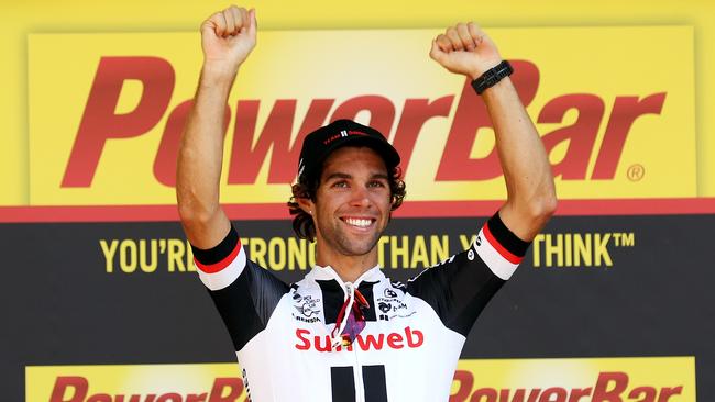 Michael Matthews of Australia riding for Team Sunweb celebrates on the podium after winning stage 16 of the 2017 Le Tour de France.