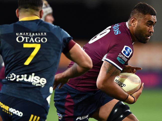 DUNEDIN, NEW ZEALAND - MAY 14: Lukhan Salakaia-Loto of the Reds looks on during the round one Super Rugby Trans-Tasman match between the Highlanders and the Queensland Reds at Forsyth Barr Stadium on May 14, 2021 in Dunedin, New Zealand. (Photo by Joe Allison/Getty Images)