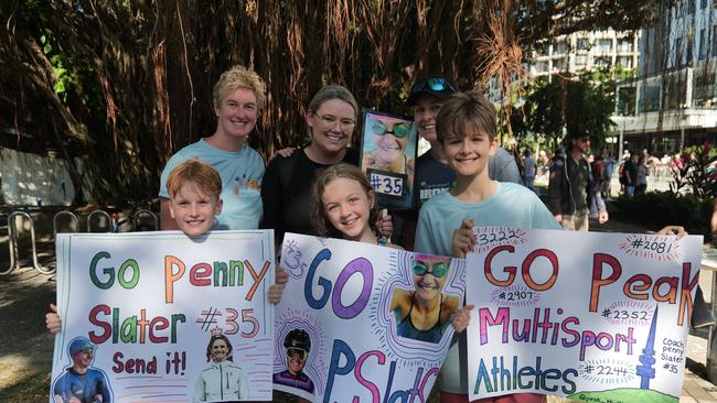 Supporters Sue Akeroyd, Charlie Akeroyd, Maddie Corbett, Annika Back, Amy Yates and Austin Yates travelled from Canberra to cheer on elite triathlete Penny Slater at this year's Cairns Ironman. Photo: Georgia Clelland.