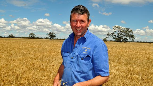 Farmer Brett Hosking in a barley crop on his property at Oakvale, near Quambatook, in northern Victoria. Picture: James Wagstaff