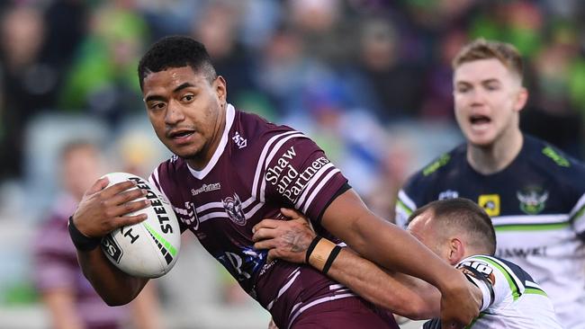 Manase Fainu of the Sea Eagles during the Round 23 NRL match between the Canberra Raiders and the Manly Sea Eagles at GIO Stadium in Canberra, Sunday, August 25, 2019. (AAP Image/Joel Carrett) NO ARCHIVING, EDITORIAL USE ONLY