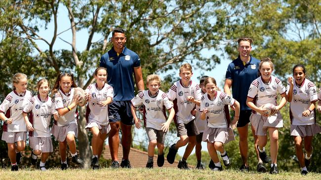 Crestwood Public School students had a ball when Parramatta Eels players Clint Gutherson and John Folau visited last week. Pictures: Justin Sanson