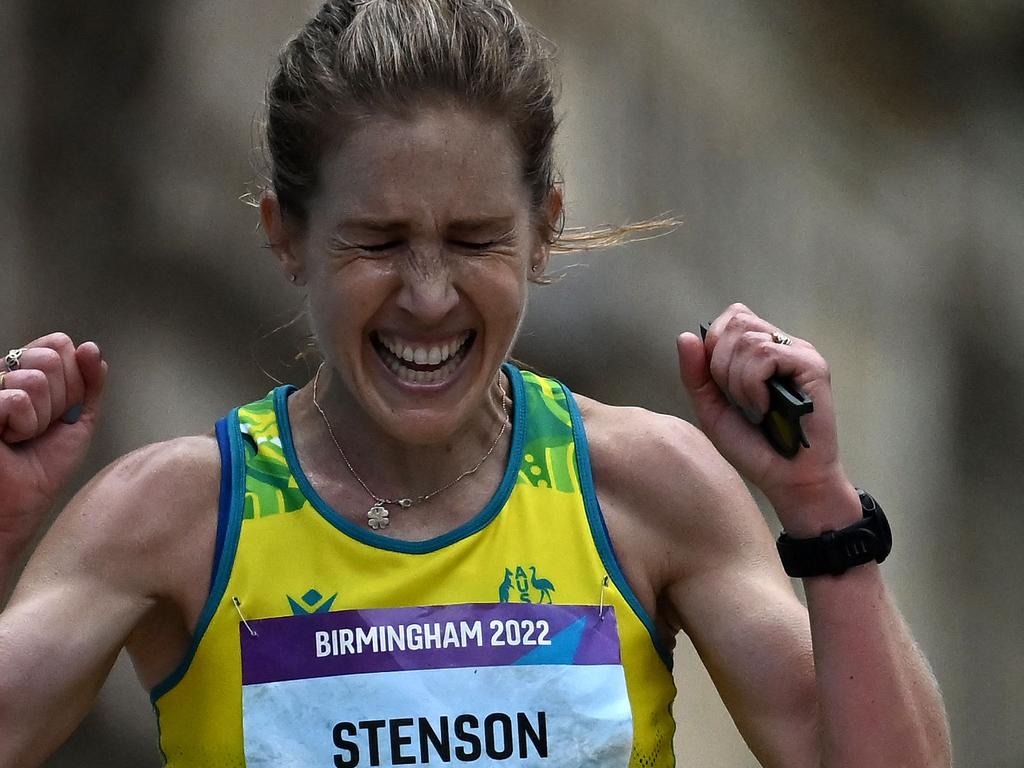 Jess Stenson crosses the line to take gold. Picture: Ben Stansall / AFP