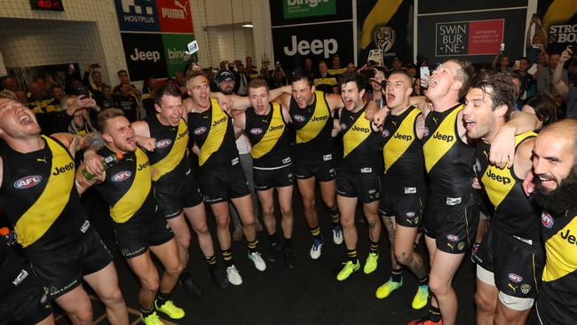 AFL Second preliminary final, Richmond Tigers v GWS Giants at the MCG. Richmond celebrate their win. Picture: Alex Coppel.