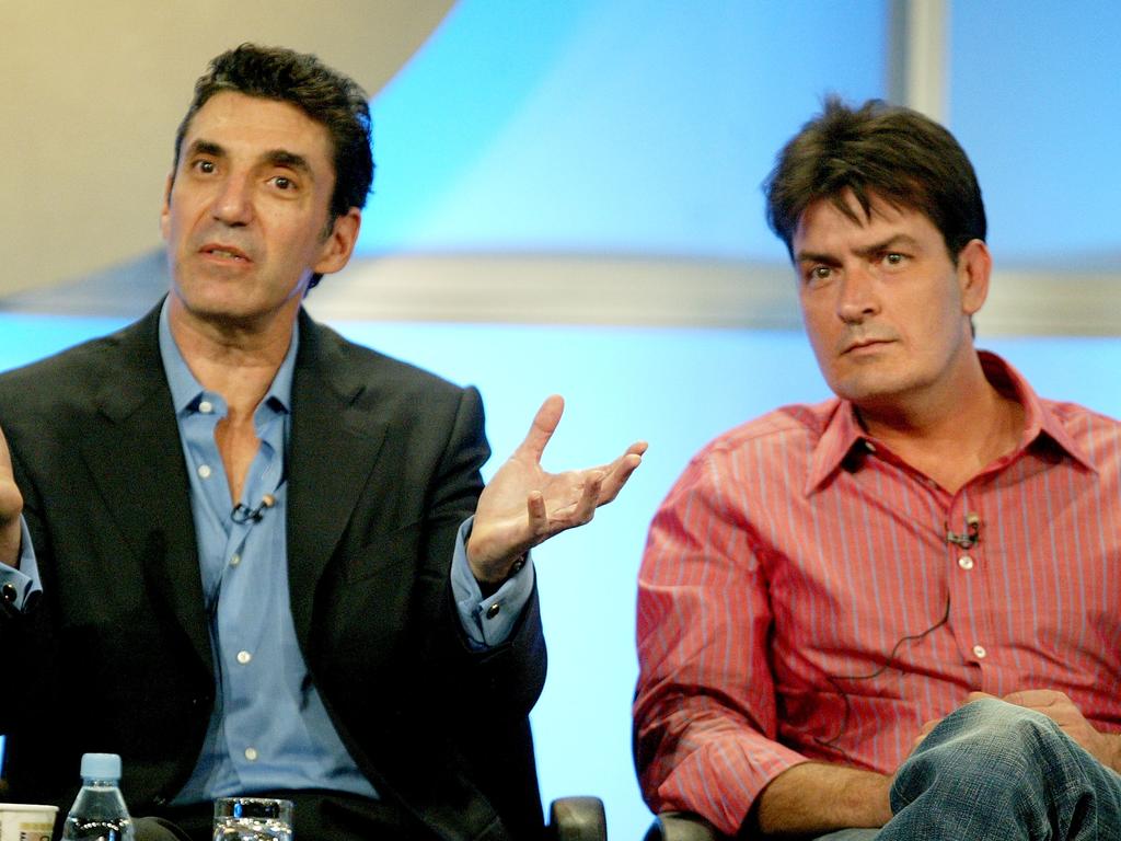 Chuck Lorre and actor Charlie Sheen at a panel discussion for Two And A Half Men in 2005 before their huge falling out. Picture: Frederick M. Brown/Getty Images