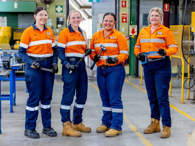 BHP Mitsubishi Alliance new apprentices Rory Muller, 18, Sophie Chisholm, 22, Jaila Paniora, 19, and Toni Gadd, 28. Picture: Luke Marsden