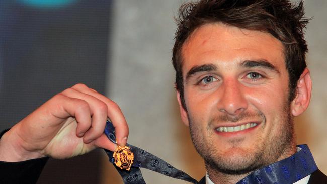 Jobe Watson with his Brownlow Medal that was later stripped from him. Picture: AAP Image/David Crosling