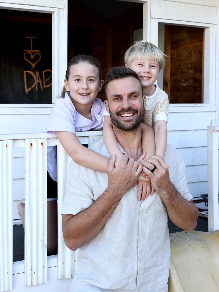 Beau Ryan pictured at home in Cronulla with daughter Remi 8 and son Jesse 4. Picture: Toby Zerna