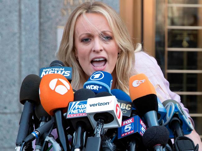 Adult film actress Stormy Daniels outside federal court in New York. Pic: AP Photo/Mary Altaffer.