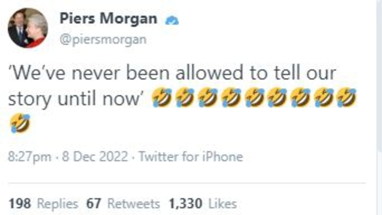 The Sky News host poked fun at the Duke and Duchess of Sussex. Picture: Twitter/ Piers Morgan