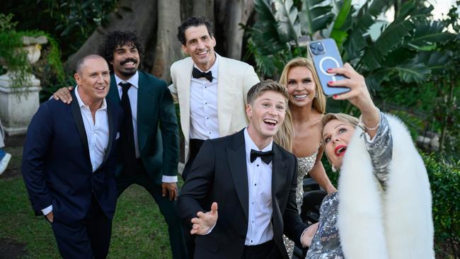 Gold Logie nominees Larry Emdur, Tony Armstrong, Andy Lee, Robert Irwin, Sonia Kruger and Julia Morris pose for a selfie at the TV WEEK Logie Awards Nominations Announcement in Elizabeth Bay. Picture: James Gourley/Getty Images for TV WEEK
