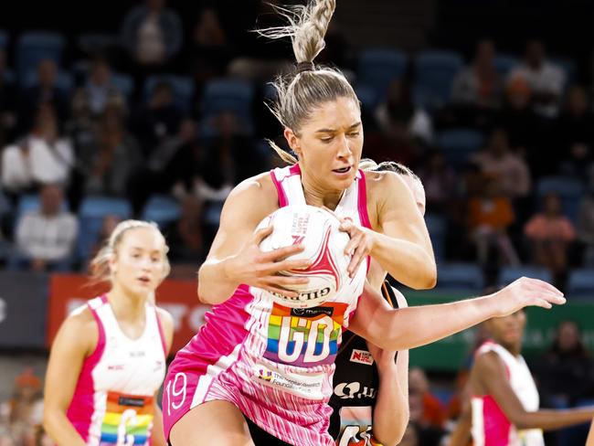 SYDNEY, AUSTRALIA - MAY 06: Matilda Garrett of the Thunderbirds gains possession during the round eight Super Netball match between Giants Netball and Adelaide Thunderbirds at Ken Rosewall Arena, on May 06, 2023, in Sydney, Australia. (Photo by Jenny Evans/Getty Images)