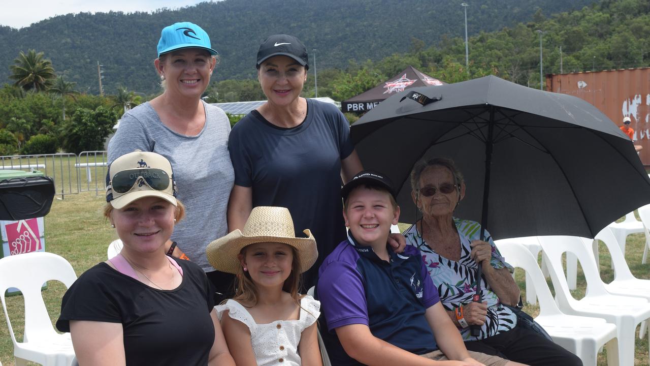 (back) Stacey Alloway and Pam Prichard (front) Poppy and Sonny Prichard with Kaed Alloway and Val Webber from Bowen at the PBR Airlie Beach Invitational. Picture: Laura Thomas